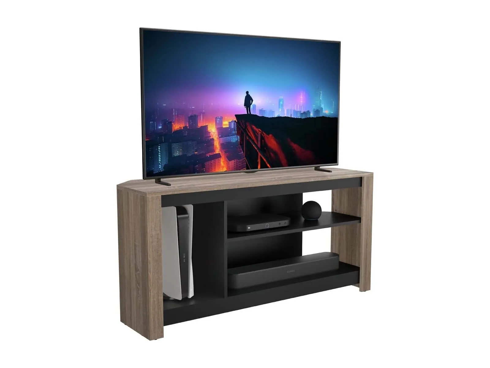 Oak tv stand with black trim