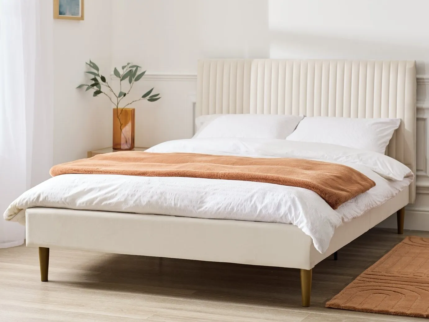 Off-white velvet upholstered bed frame
