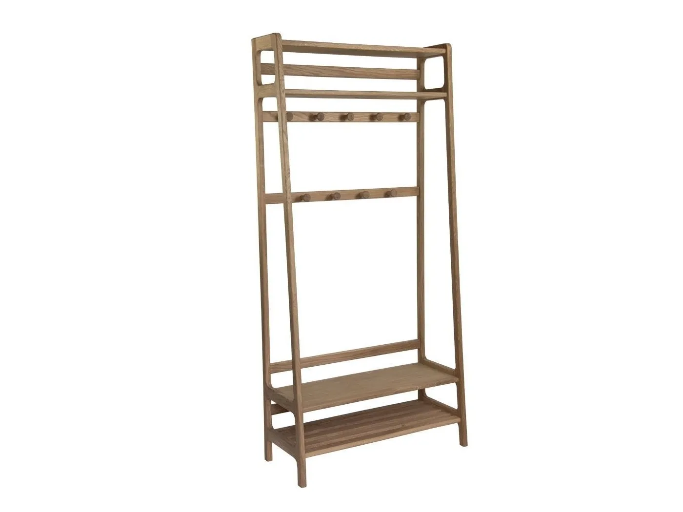 Tall oak hall stand with 2 shelves and a set of coat hooks