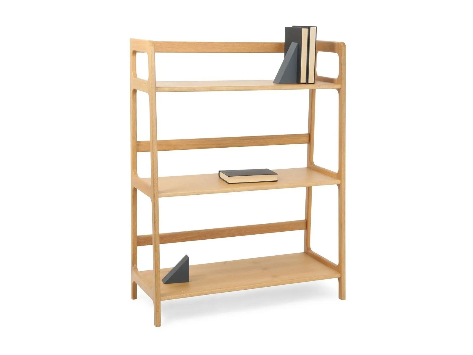 3-tier oak shelving unit with rounded edges