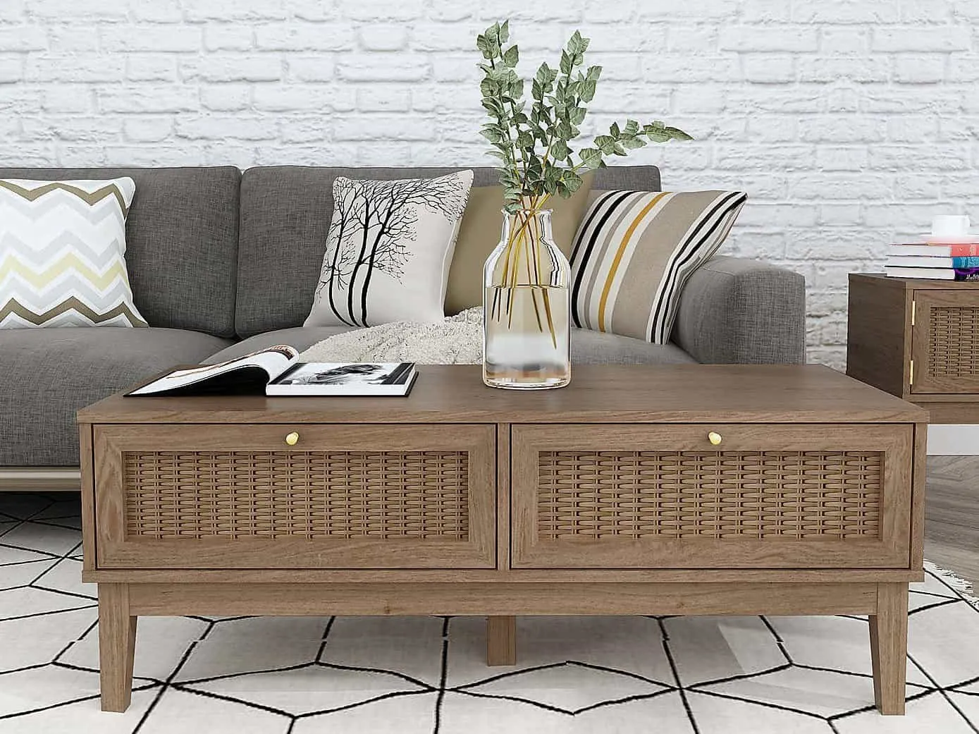 Coffee table with a pair of rattan front drawers