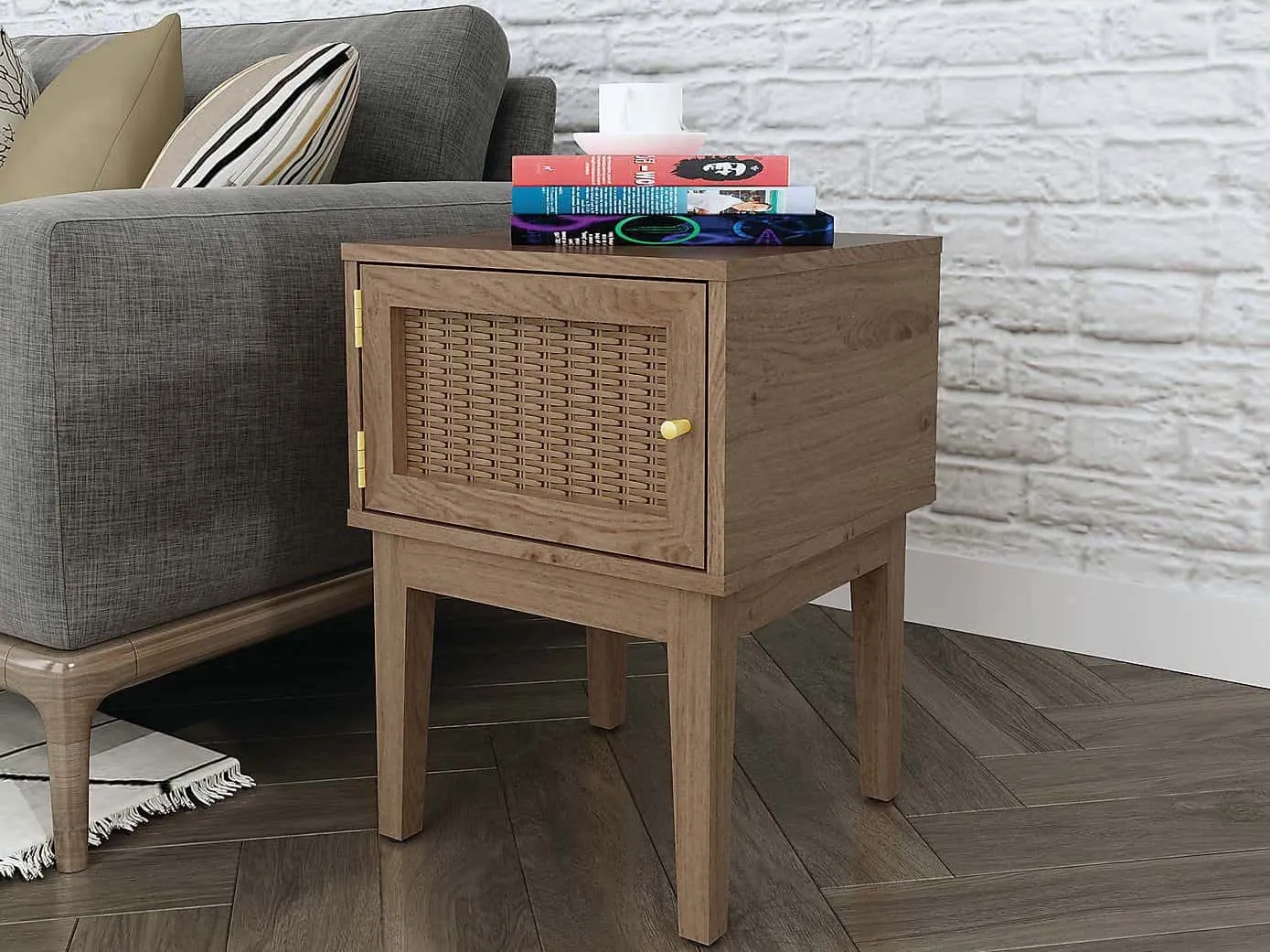 Brown wood side table with rattan front door panel