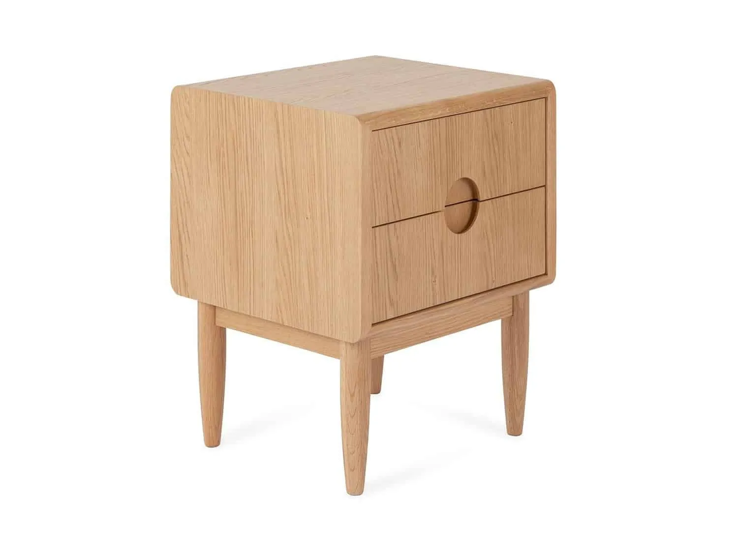 2-drawer oak bedside with circular inset handle