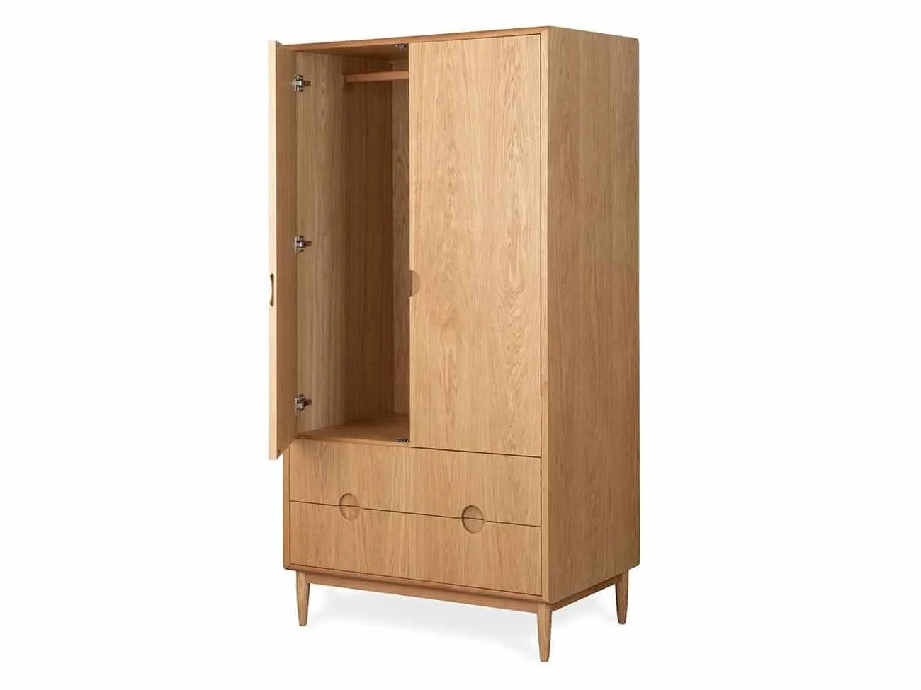 2-door, 2-drawer oak wardrobe with circular inset handles