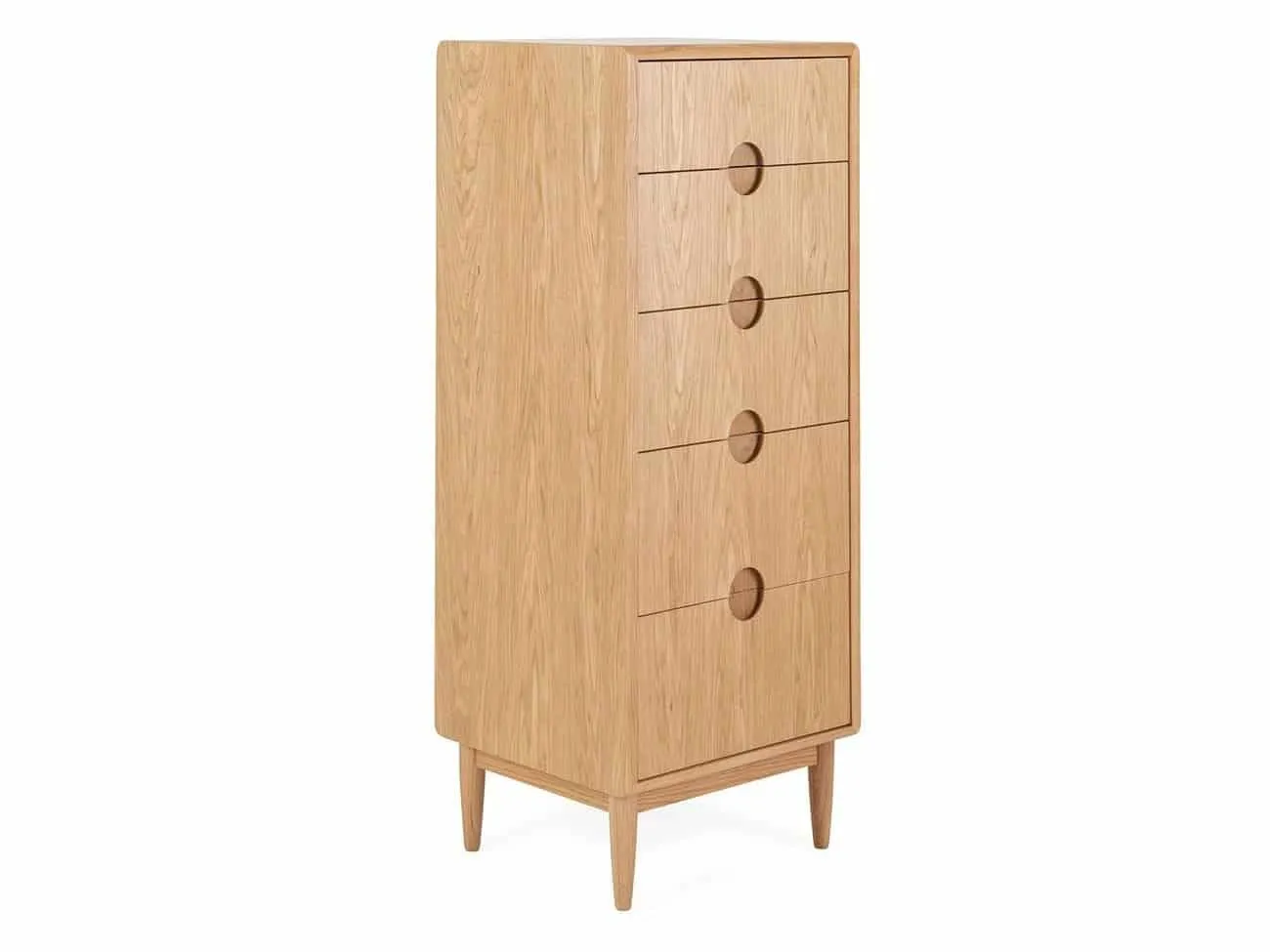 Oak 5-drawer tallboy with tapered legs