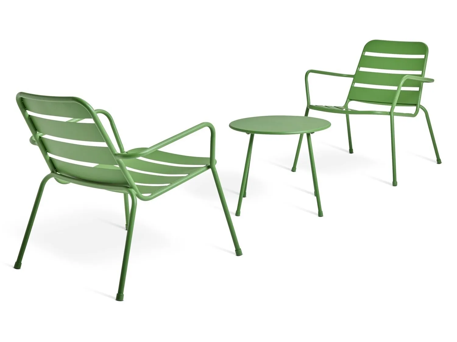 Pair of green metal garden chairs and a matching round table