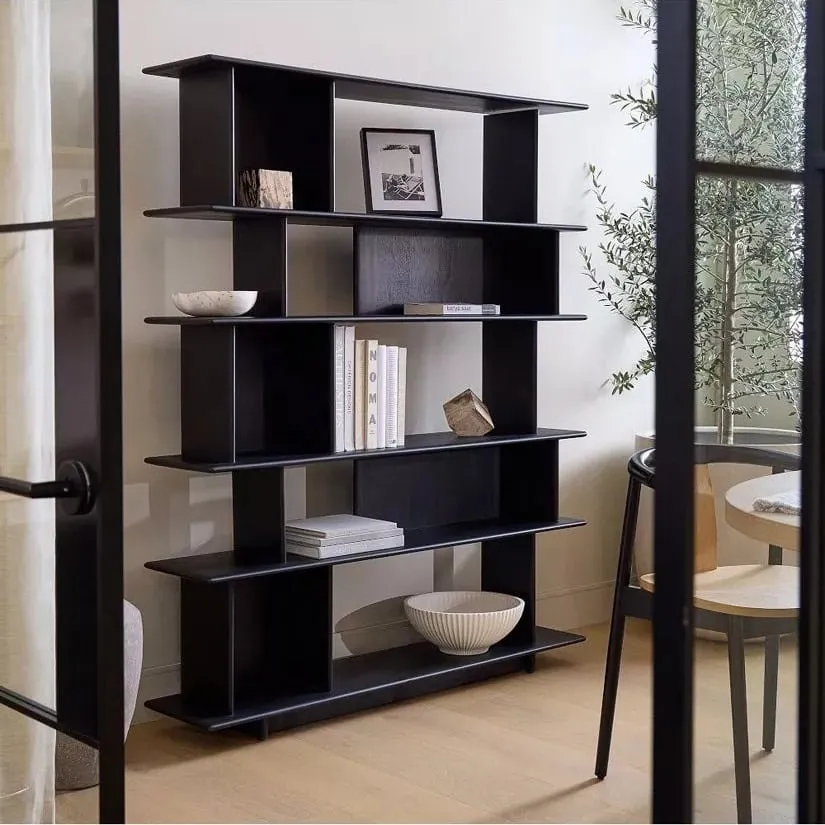 Black 5-tier bookcase with offset design