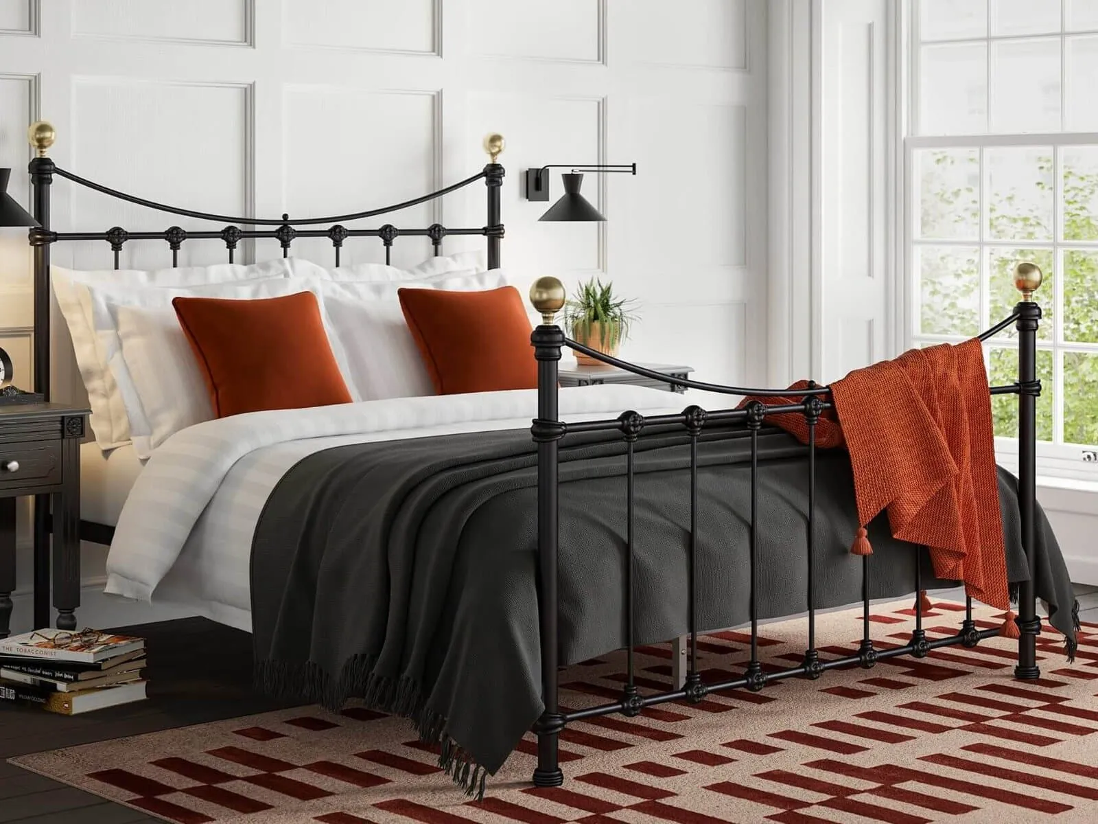 Black-painted metal bed frame