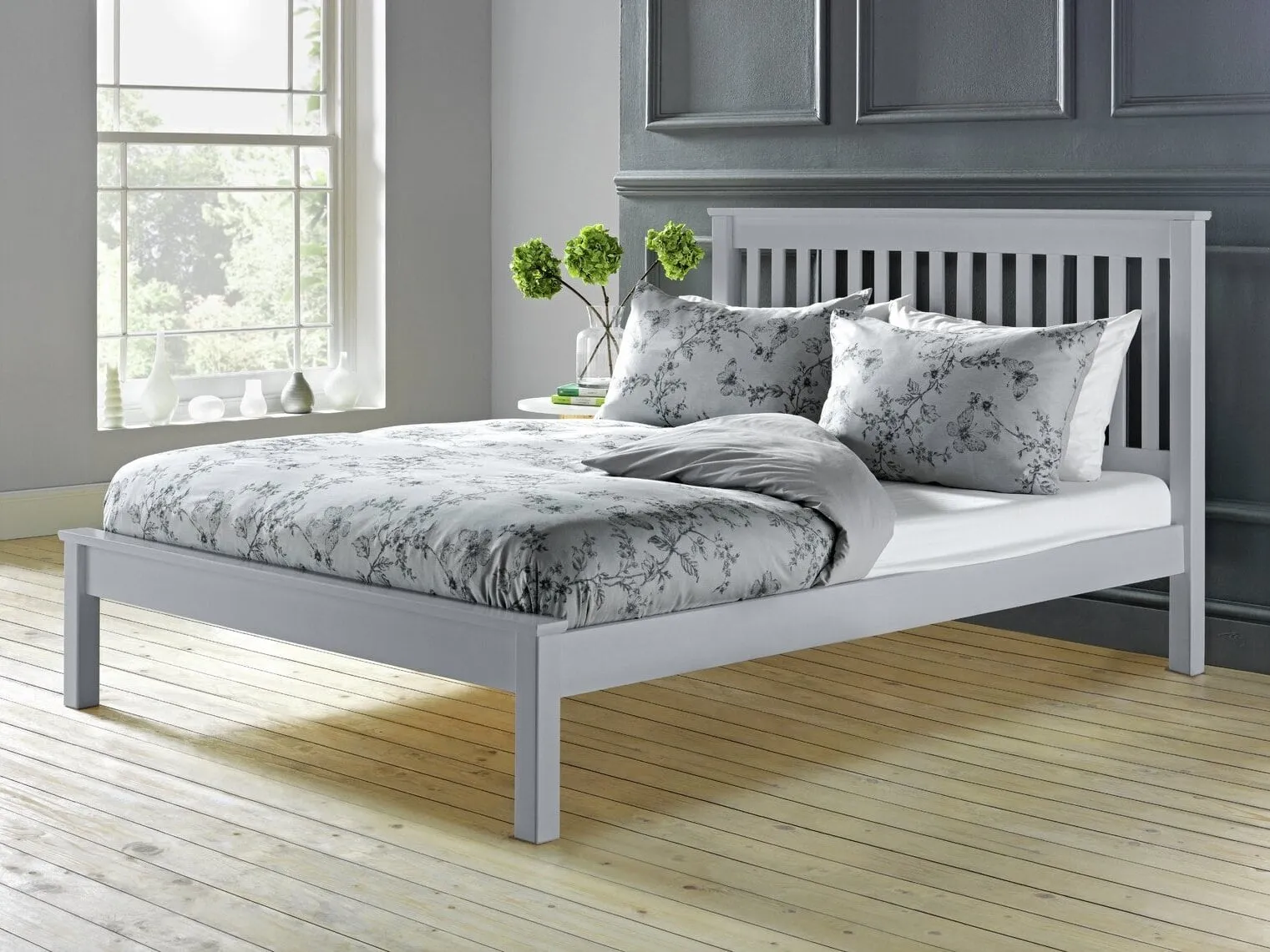 Grey-painted bed frame
