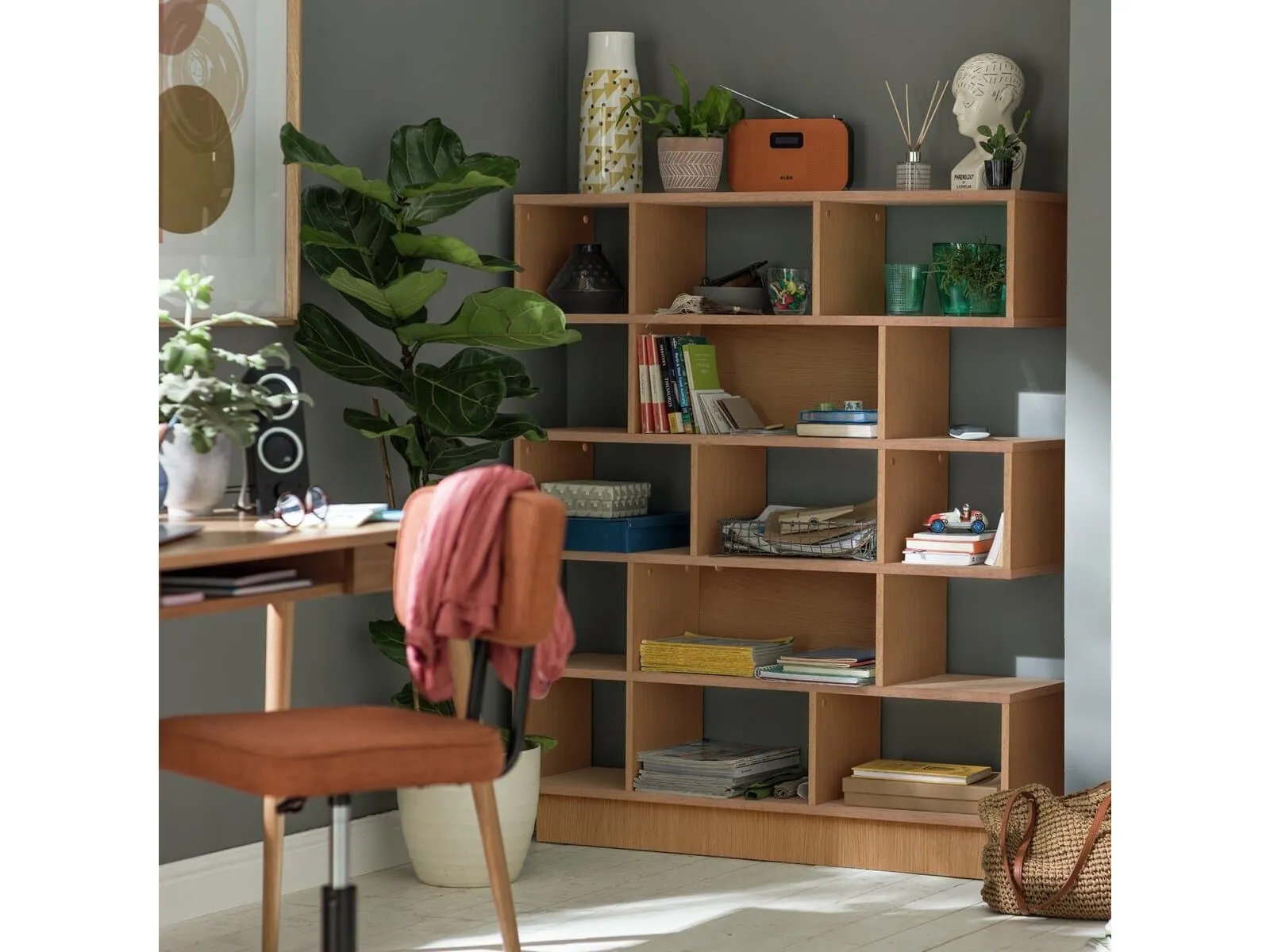 Tall 5-tier oak shelving unit