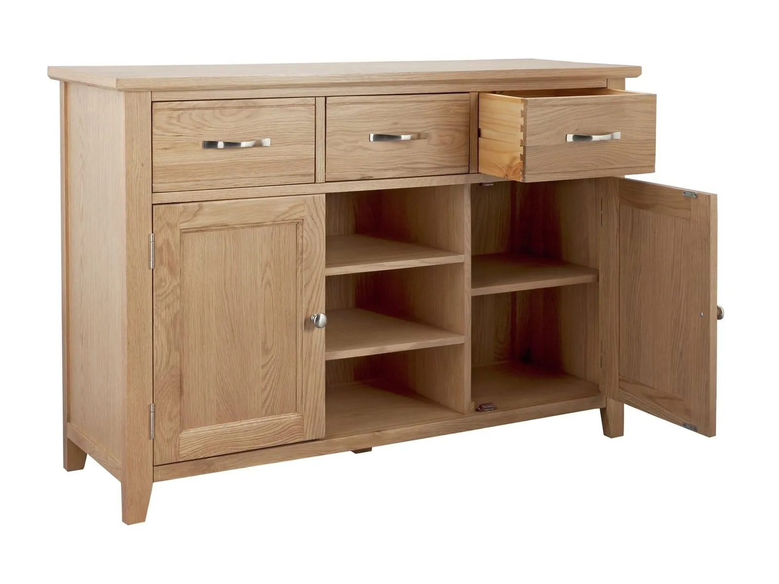 Oak finish sideboard with 2 doors, 3 open shelves and 3 drawers