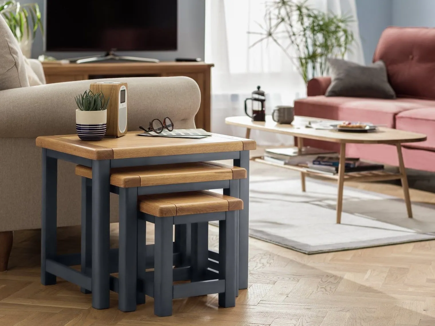 Nest of 3 tables with grey painted frames and oak tops