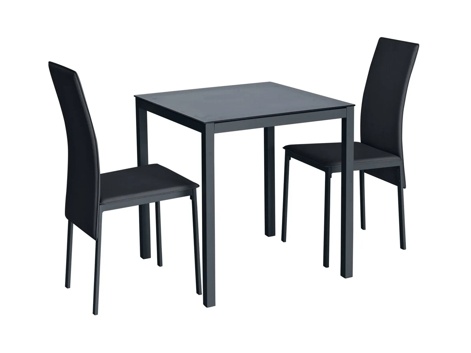 Square black gloss dining table and two chairs