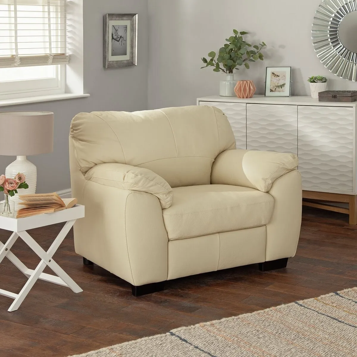 Ivory leather upholstered armchair