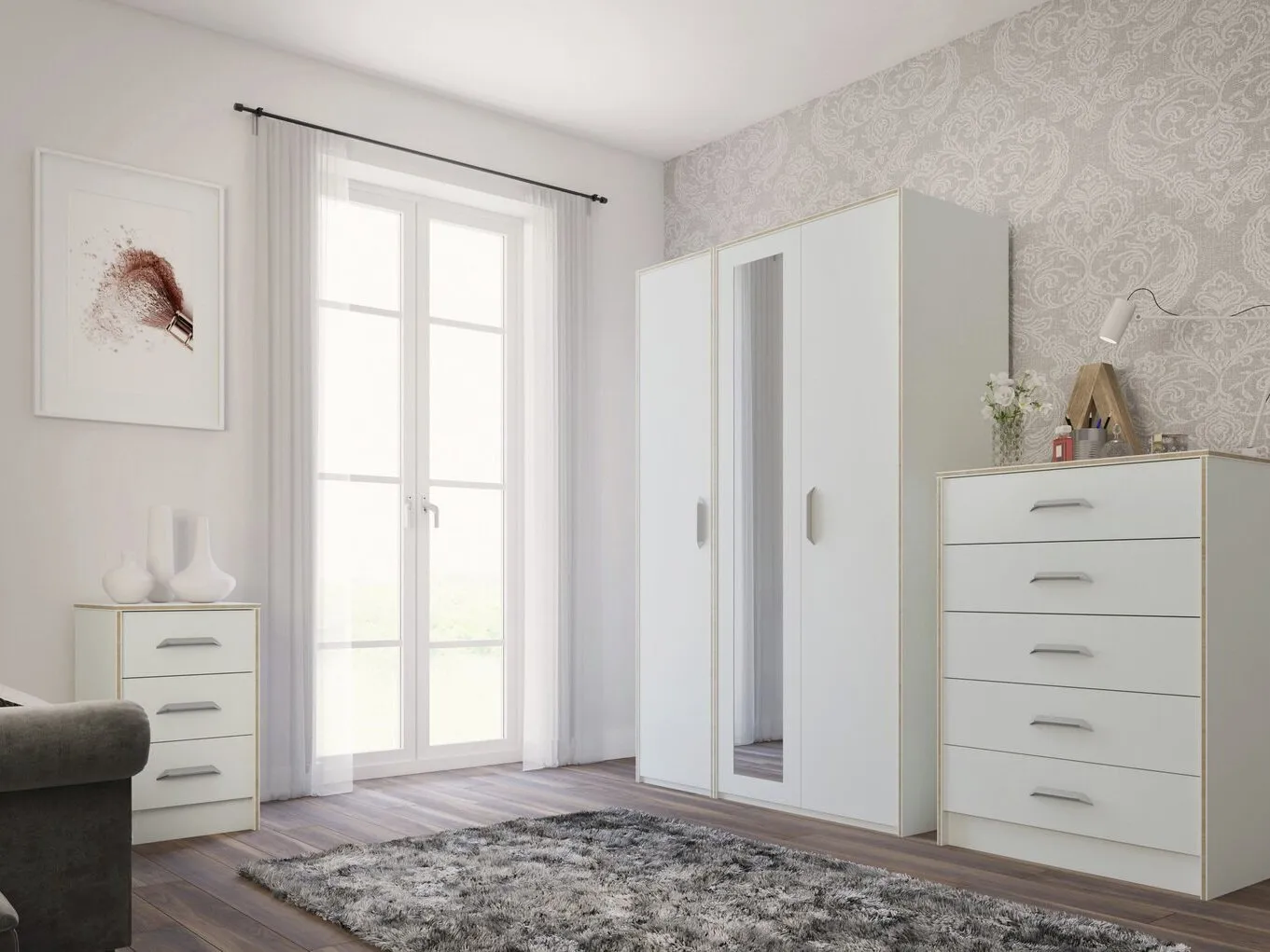 White bedroom furniture range with oak trim and silver grab handles