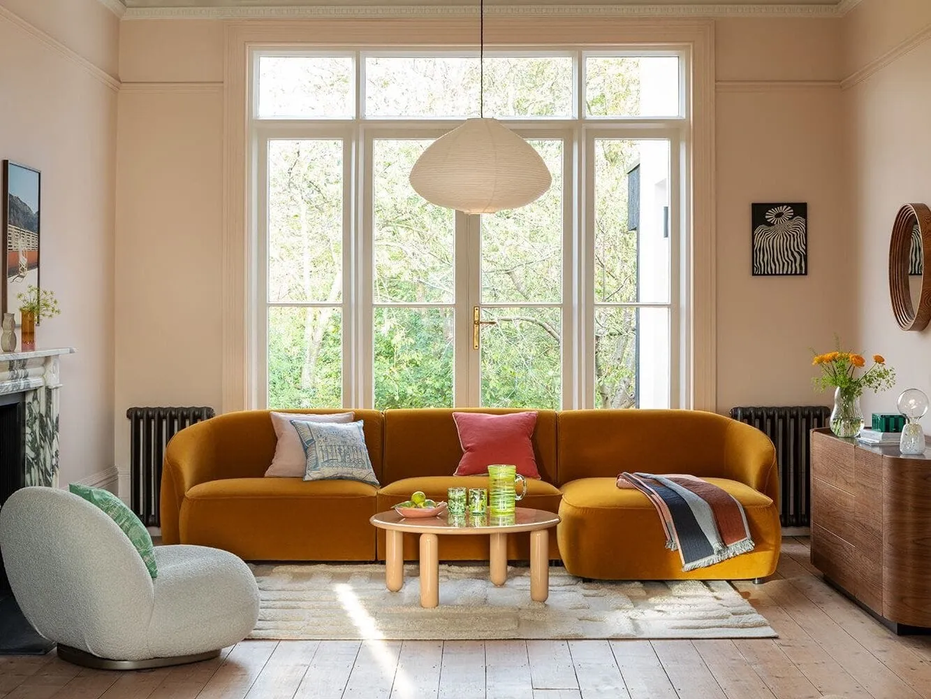 3-seater Cognac velvet upholstered chaise-end sofa