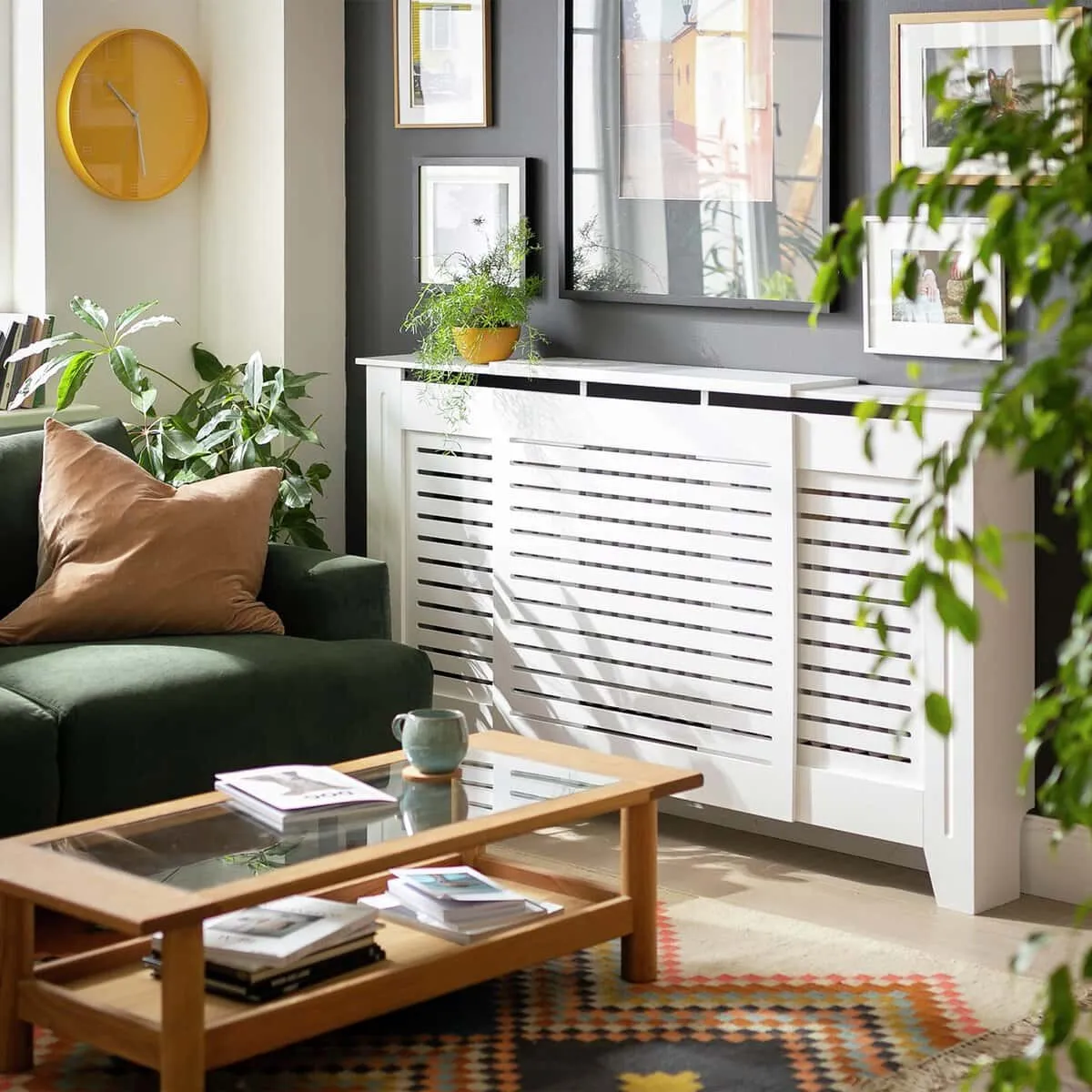 White-painted extending radiator cover and shelf