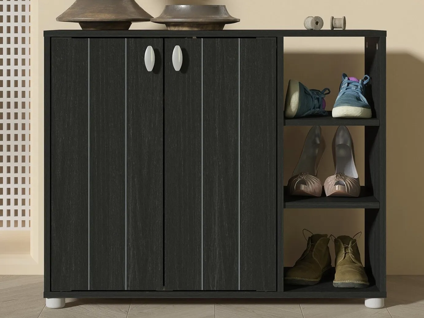 Black 2-door shoe cabinet with additional open shelving