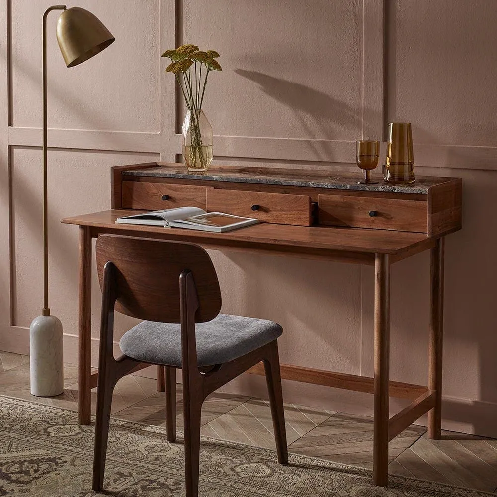 Mid Century-style desk with 3 drawers and a marble top