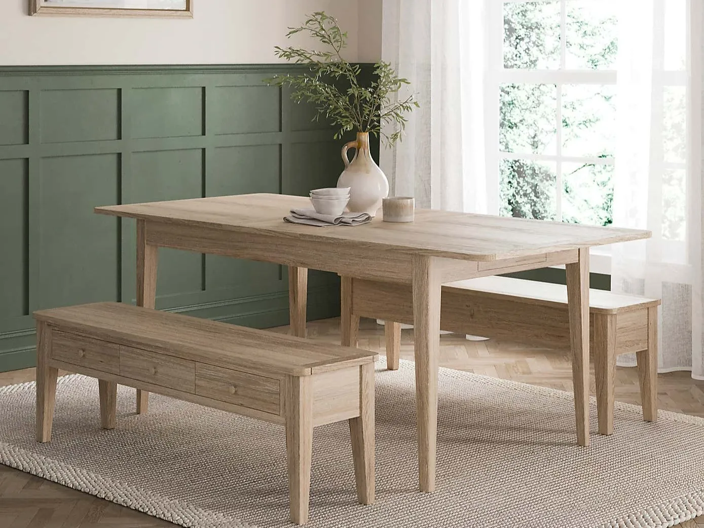Oak rectangular dining table and two matching benches