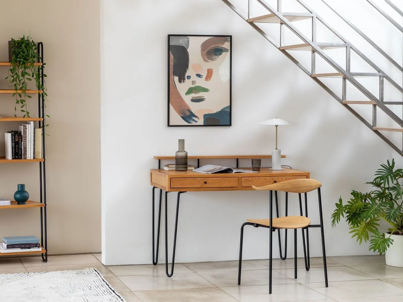 Oak desk with storage and black metal legs