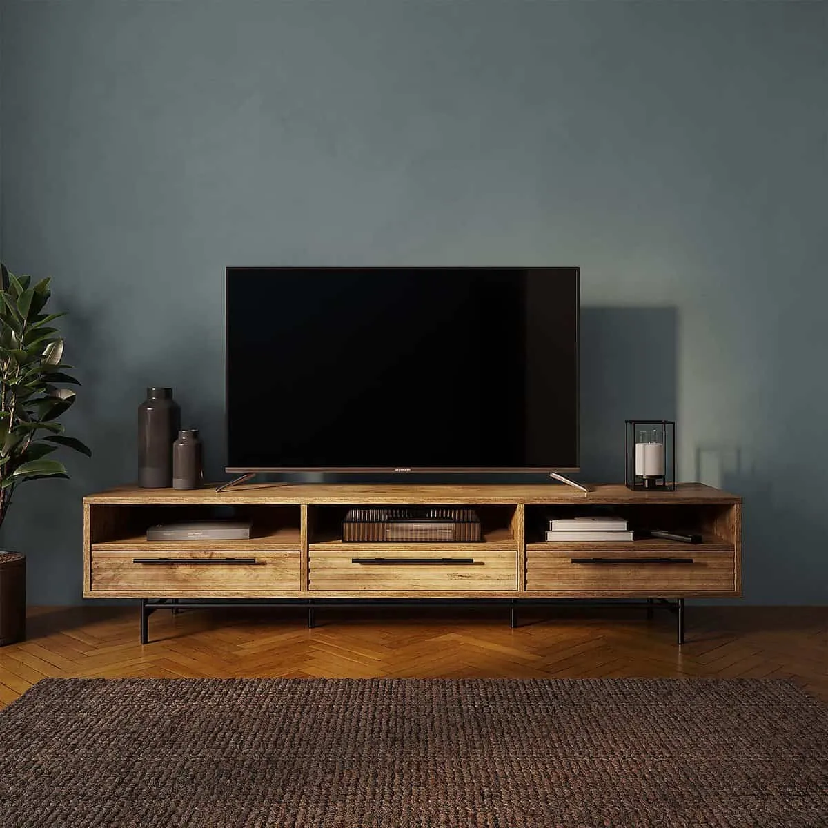 Wide TV unit with 3 drawers and, 3 open shelves