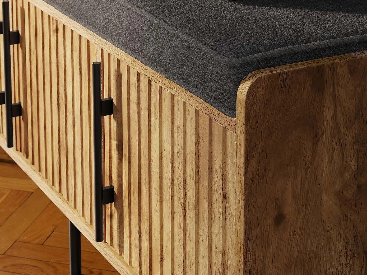 Walnut finish storage bench with charcaol grey cushion