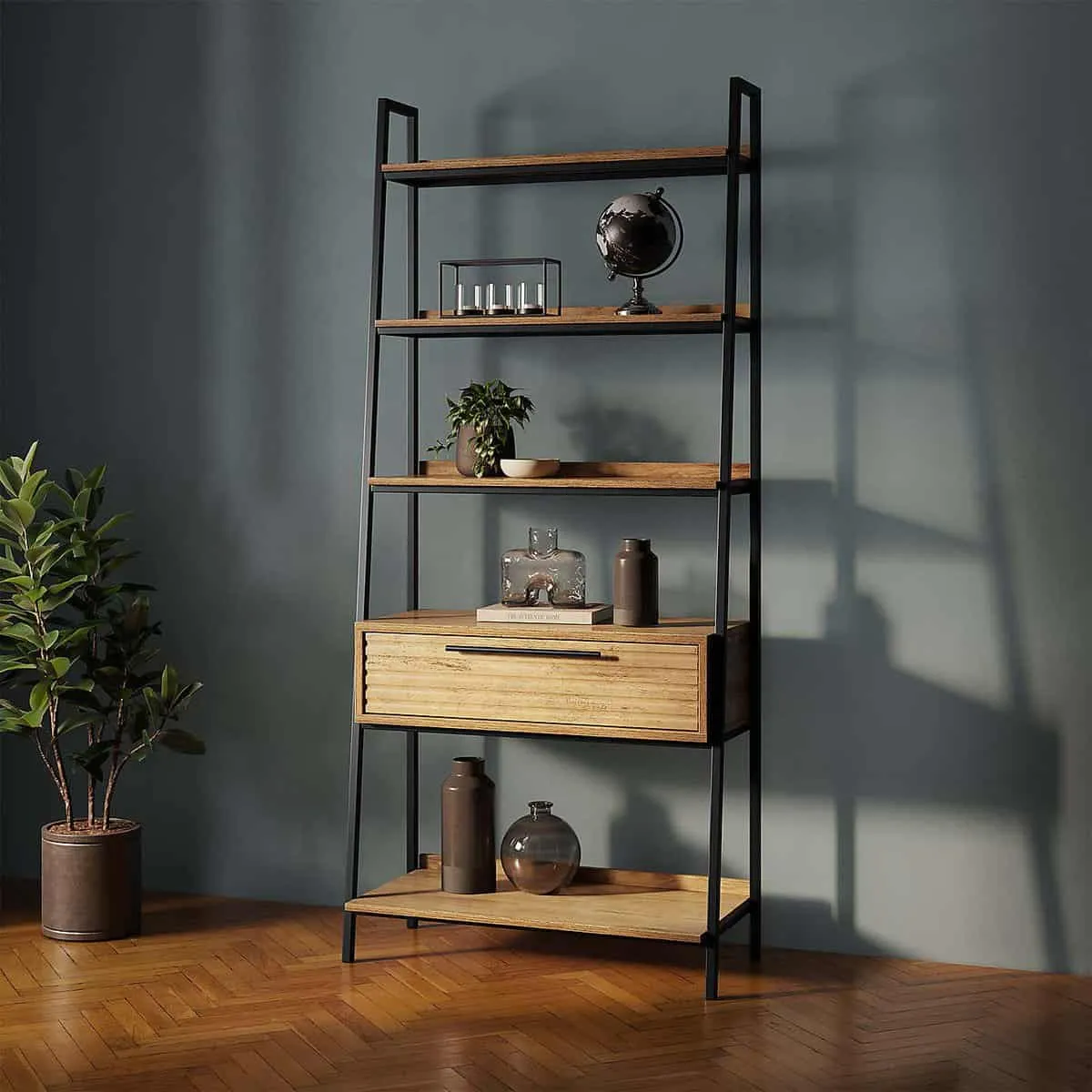 Tall unit with black metal frame and mango wood finish shelves