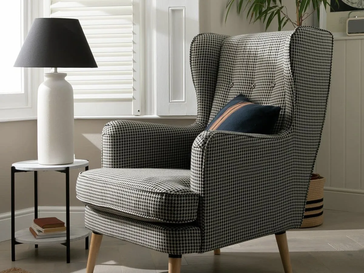 Black and white check fabric armchair