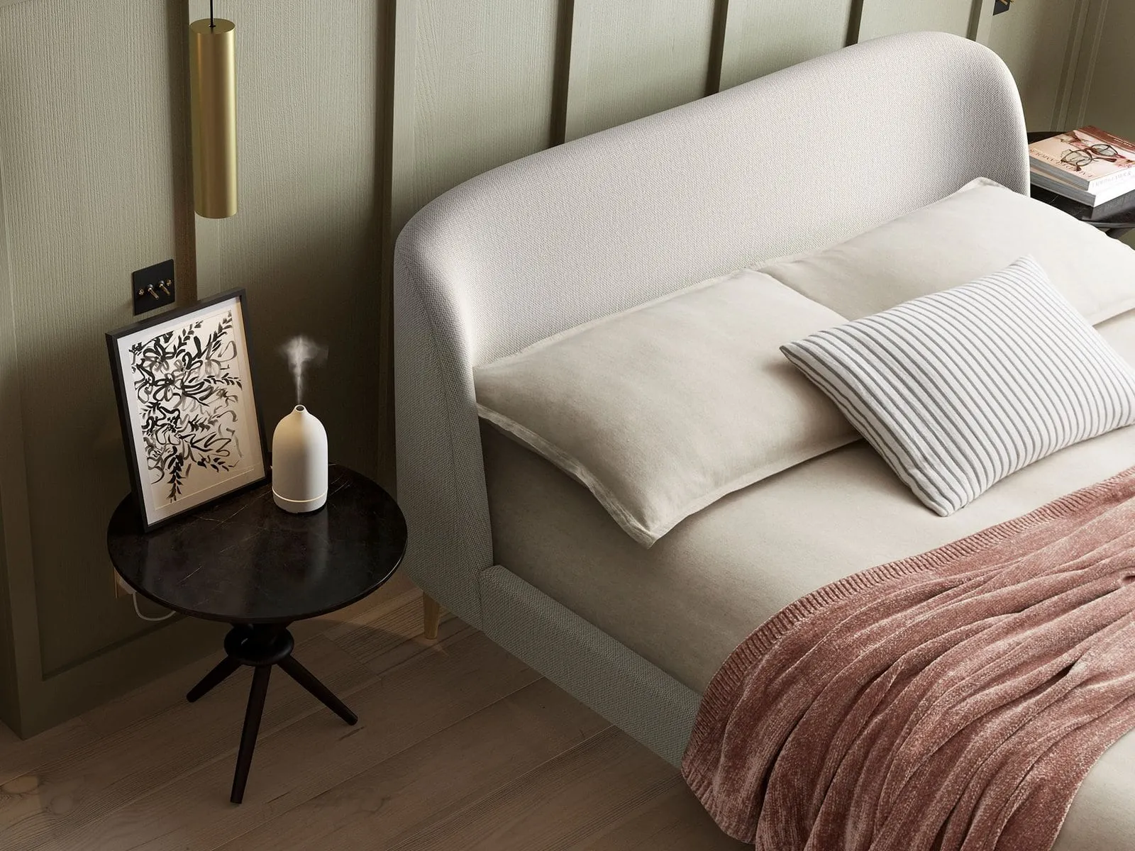 Curved headboard upholstered with natural chambray fabric