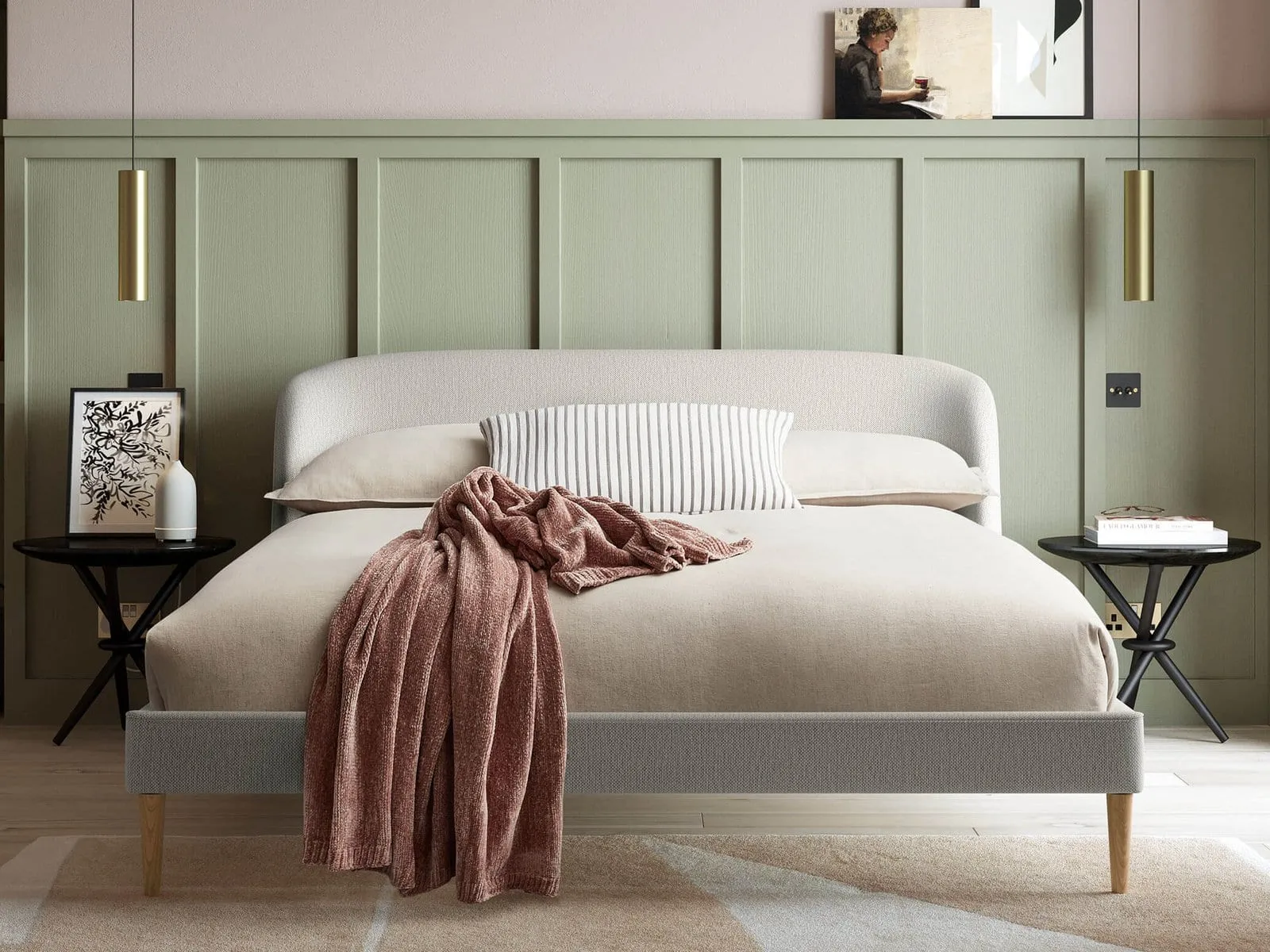 Upholstered bed frame with curved headboard