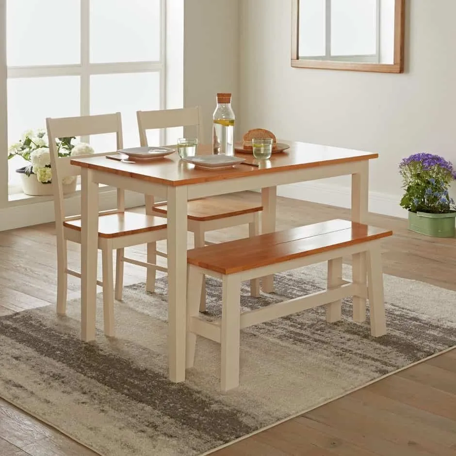 2-tone dining table, bench and 2 chairs
