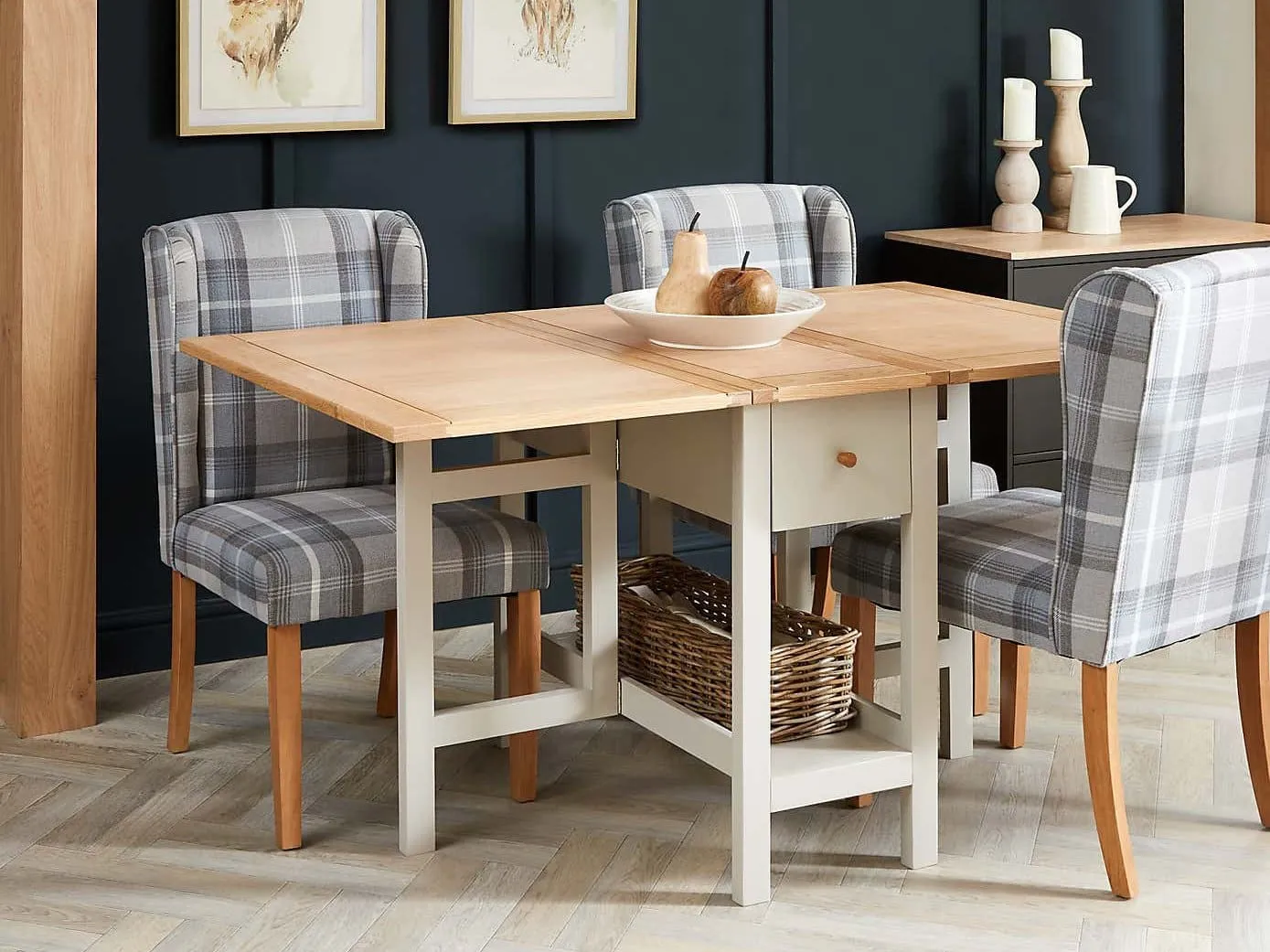 Cream painted drop-leaf dining table with storage