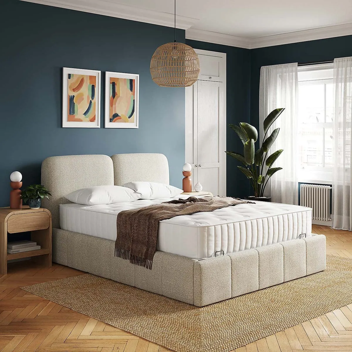 Natural boucle fabric upholstered bed frame