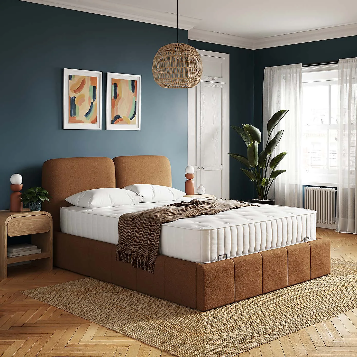 Rust fabric upholstered bed frame