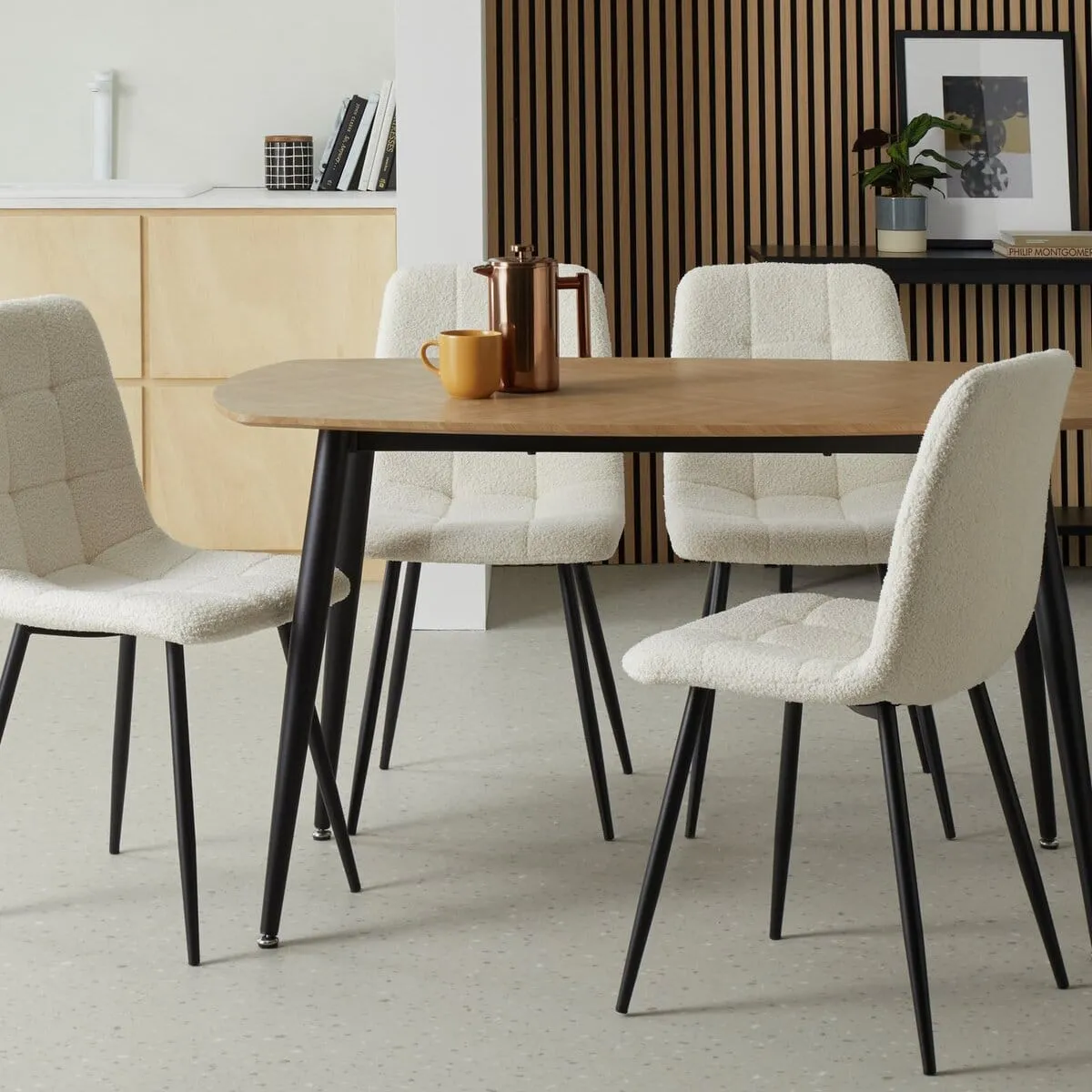 Oak finish dining table with black legs