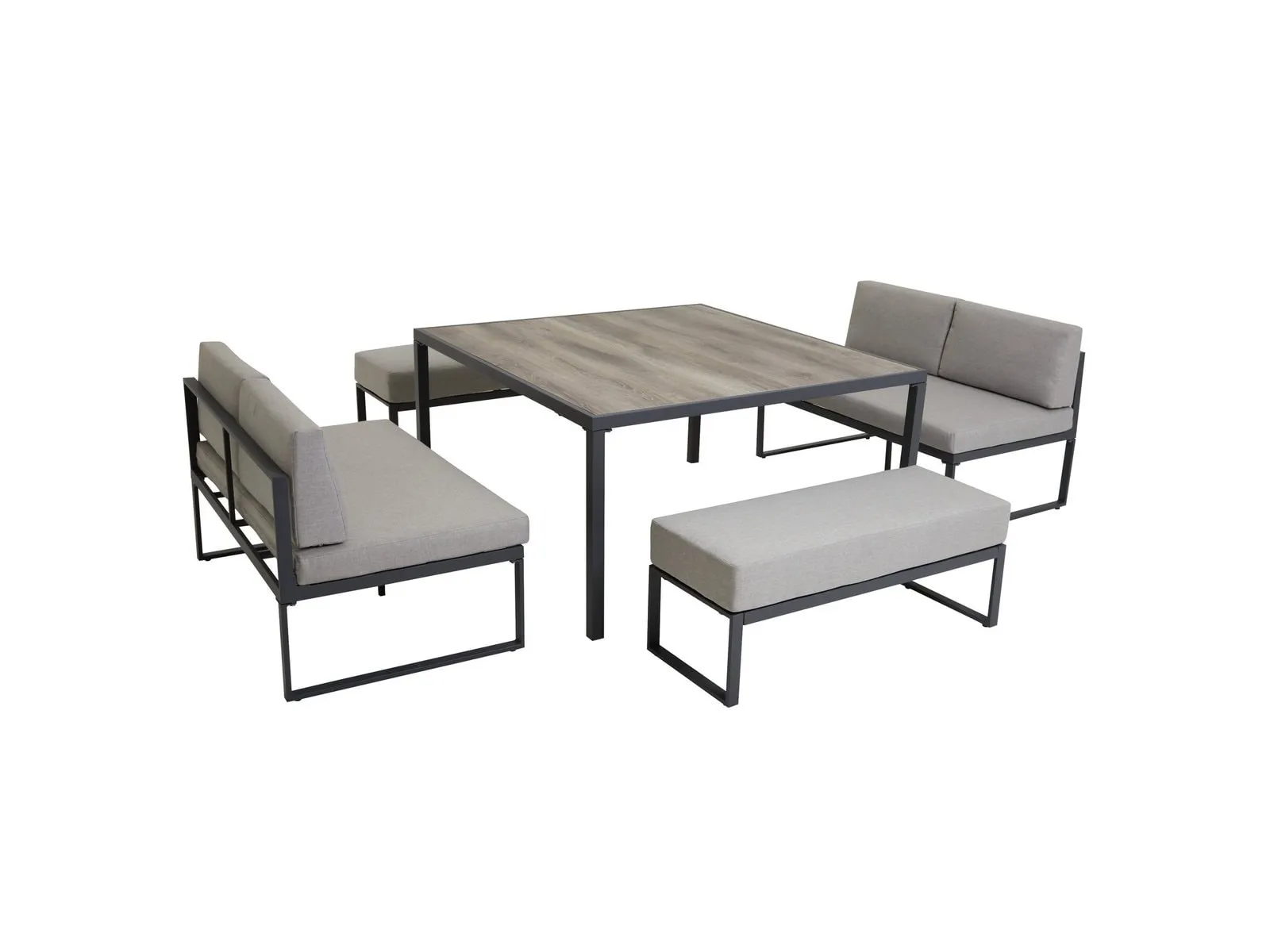 Square metal garden table and matching benches