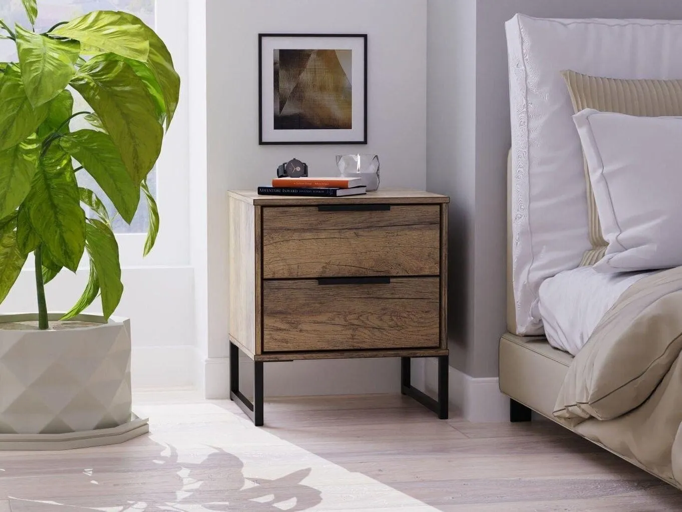 Rustic oak bedside table with black metal base