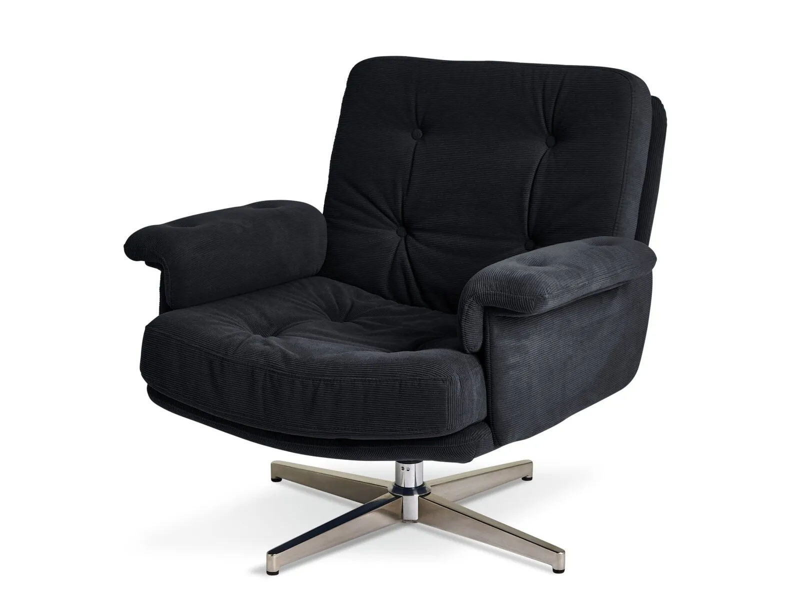 Grey fabric armchair on a swivel base
