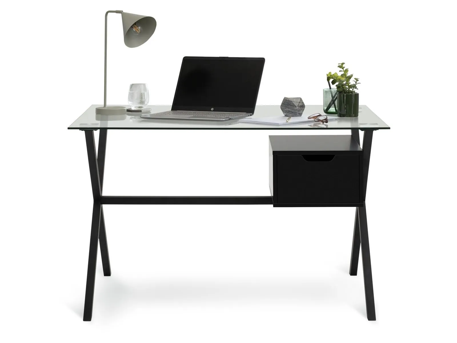 Black desk with 2 drawers and a glass top