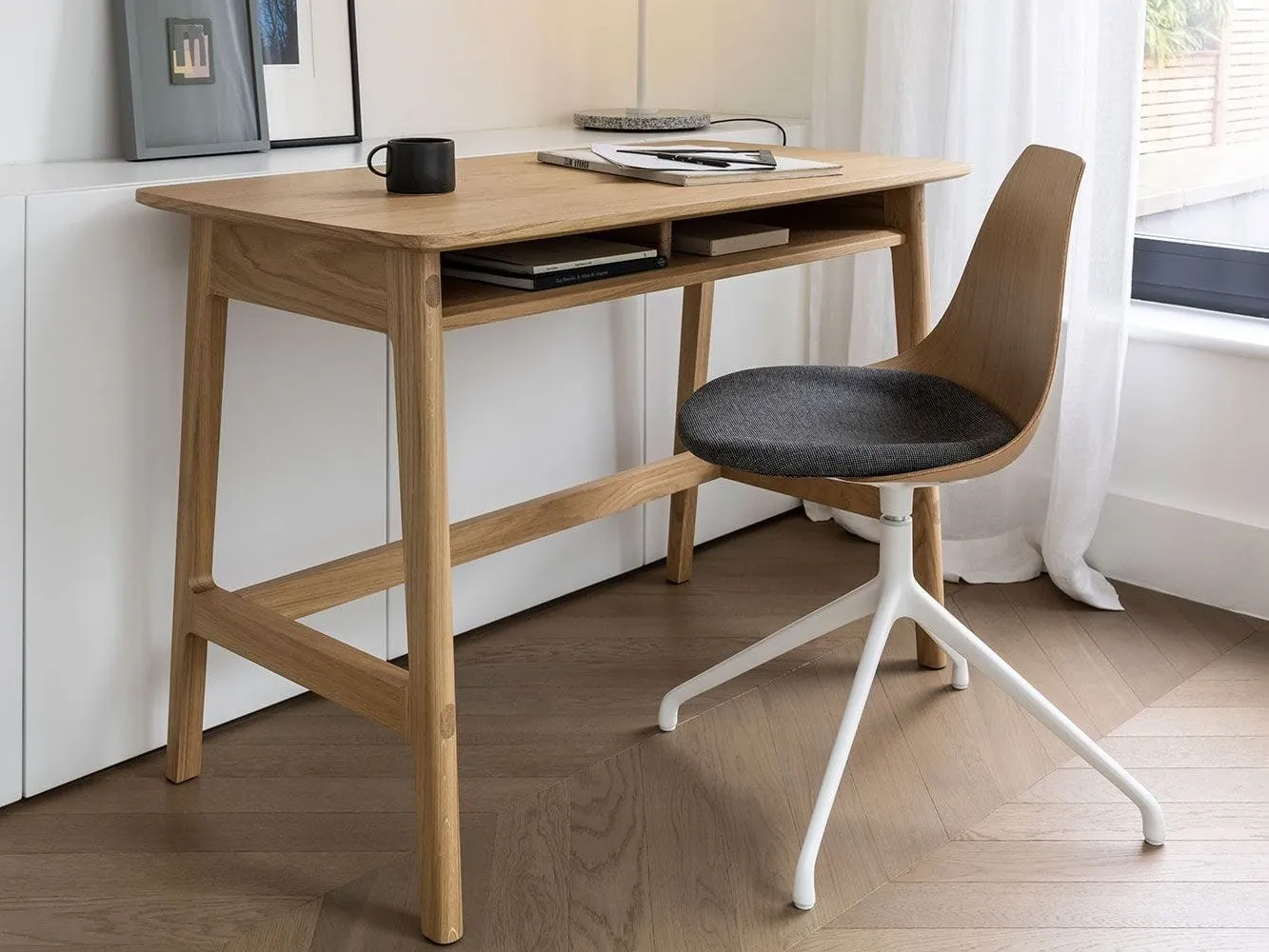 Solid oak desk with two open shelves