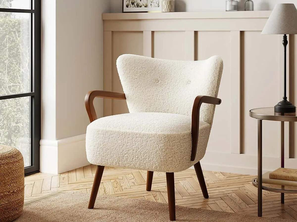 Ivory bucle fabric occasional chair with wooden arms