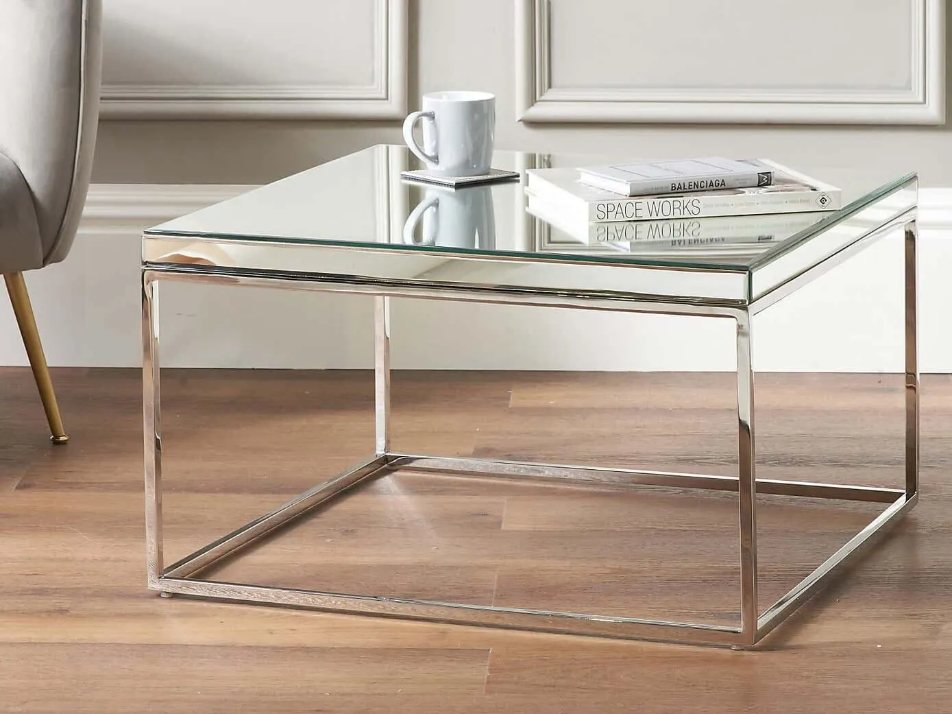 Polished metal frame tables with mirrored-glass top