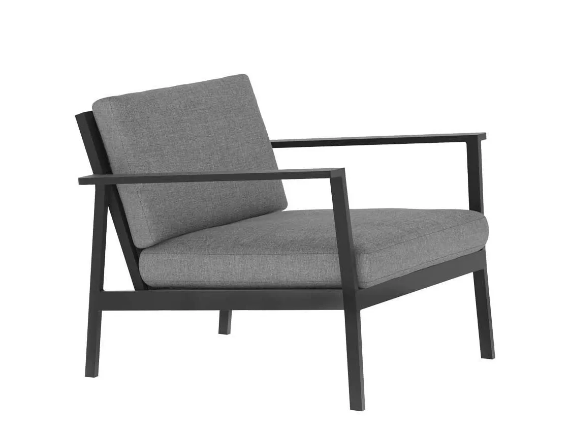 Outdoor lounging armchair with black metal frame and grey fabric cushions