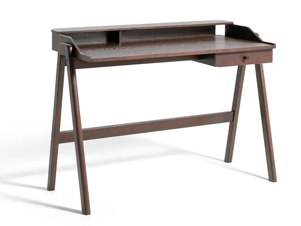 Dark walnut desk with single drawer and storage hutch