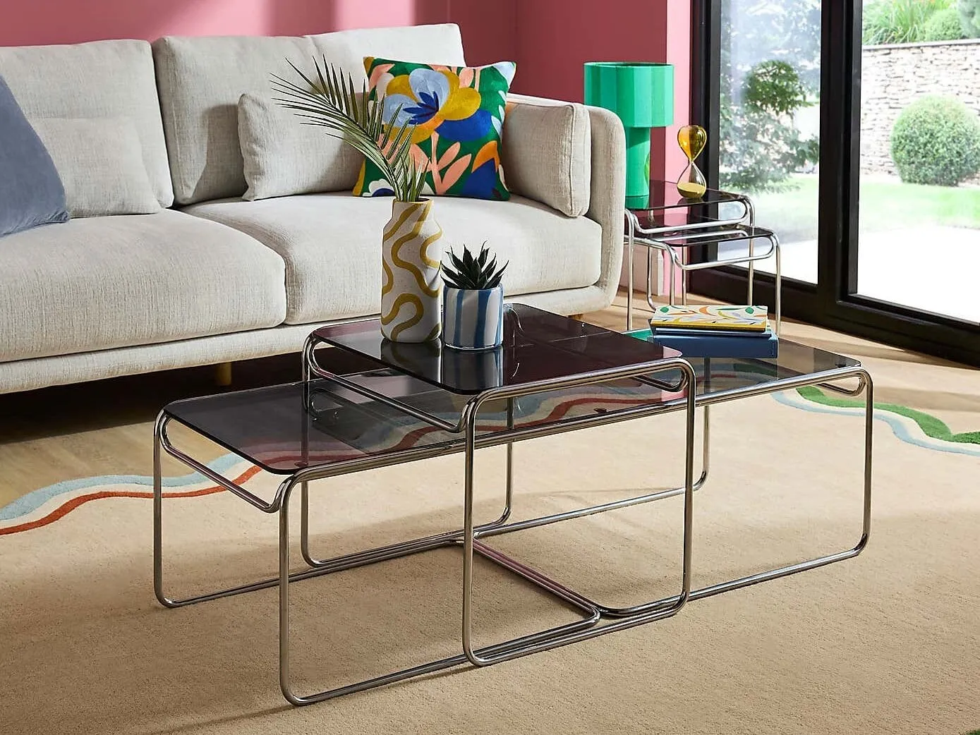 Chrome frame, glass-topped tables