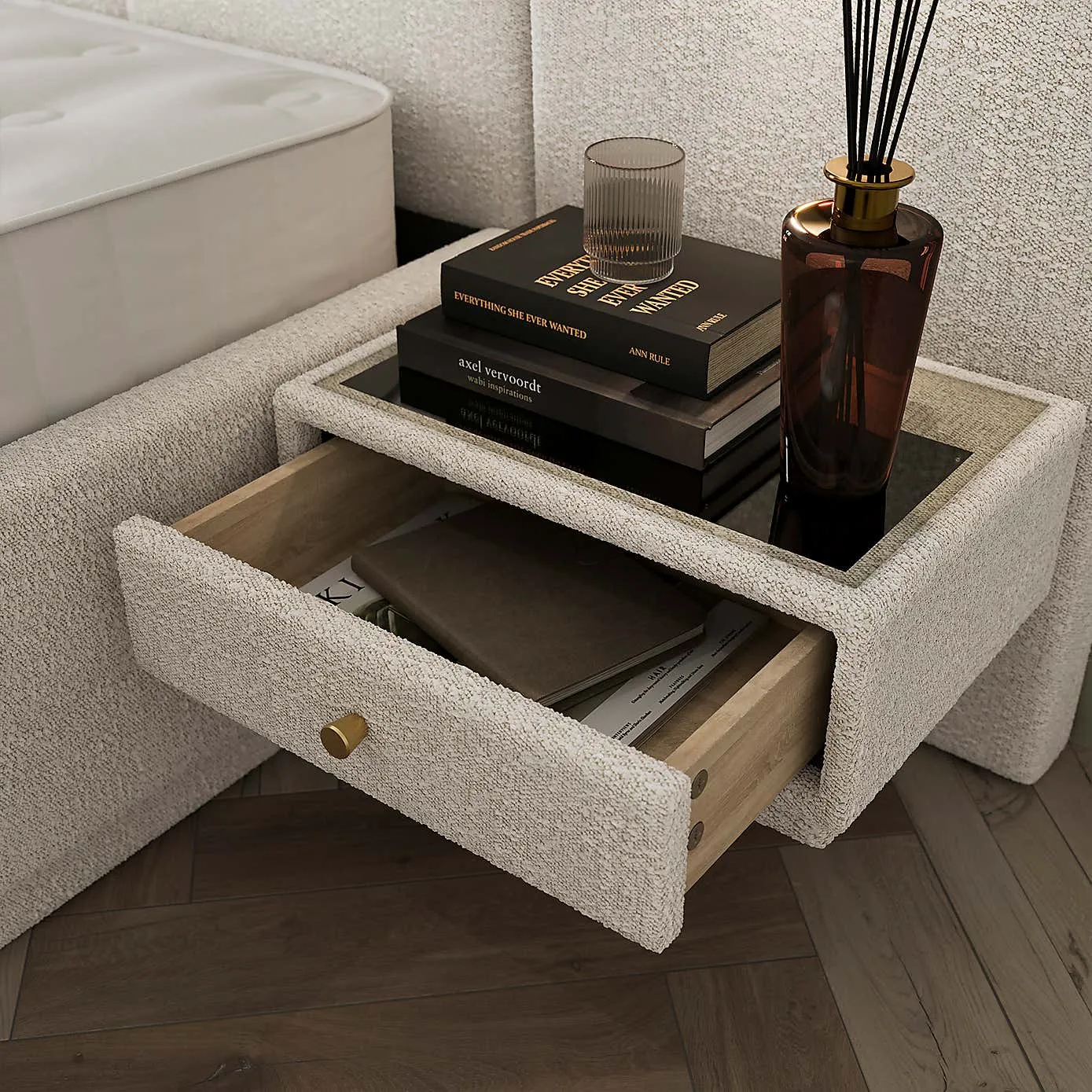 Boucle upholstered bedside drawer