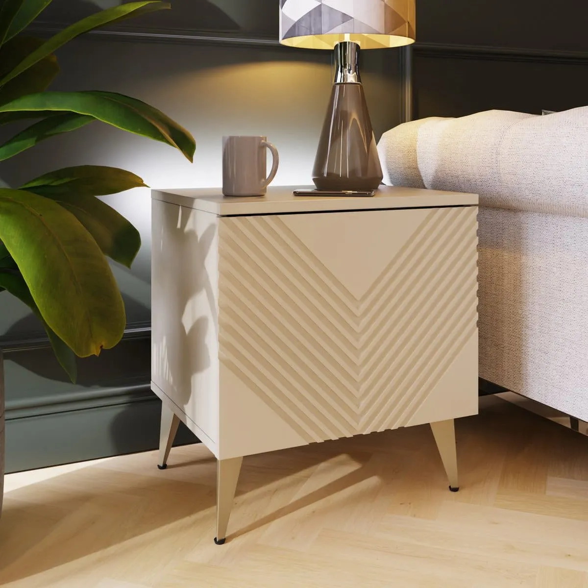 White side table with diagonal groove pattern doors