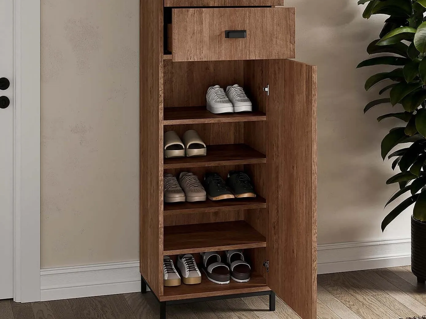 Tall oak shoe cabinet