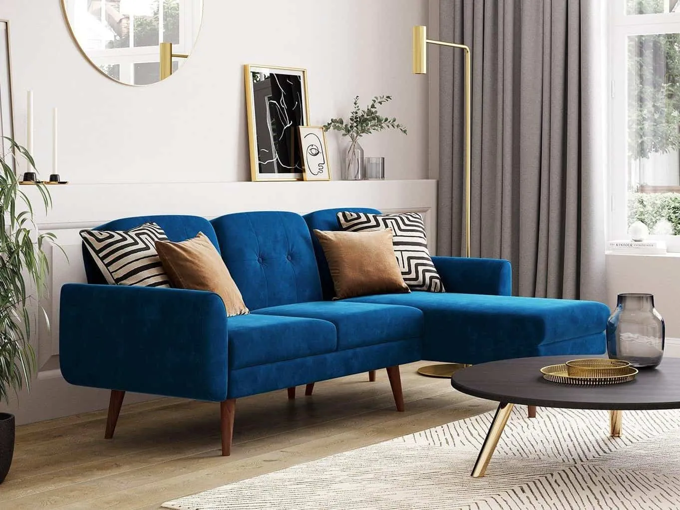 Blue fabric chaise end sofa